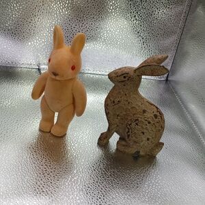 Lot of 2 Vintage Bunny Figurines – Flocked Squeeze Toy & Chalkware Rabbit